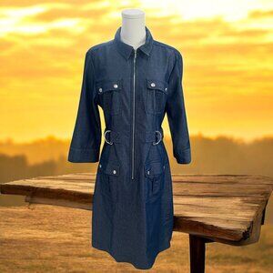 Sharagano Denim Utility Zip Dress Womens SZ 12 Structured Minimalist Streetwear